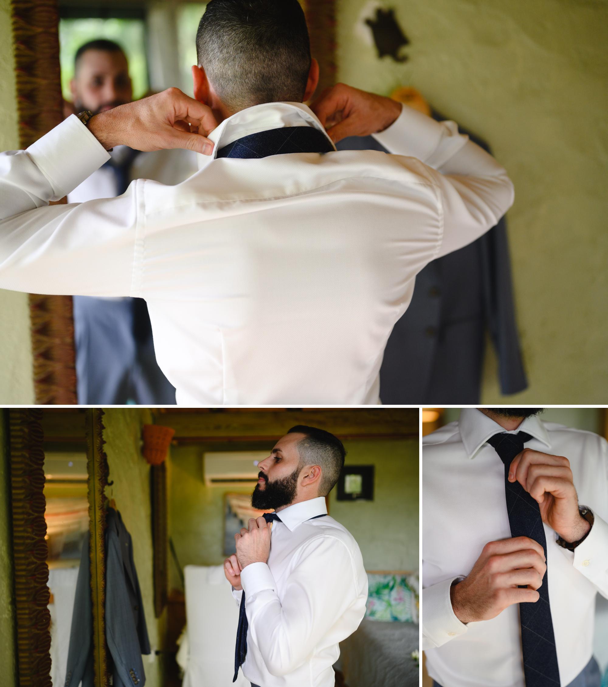 El novio poniéndose la corbata en Hacienda Siesta Alegre
